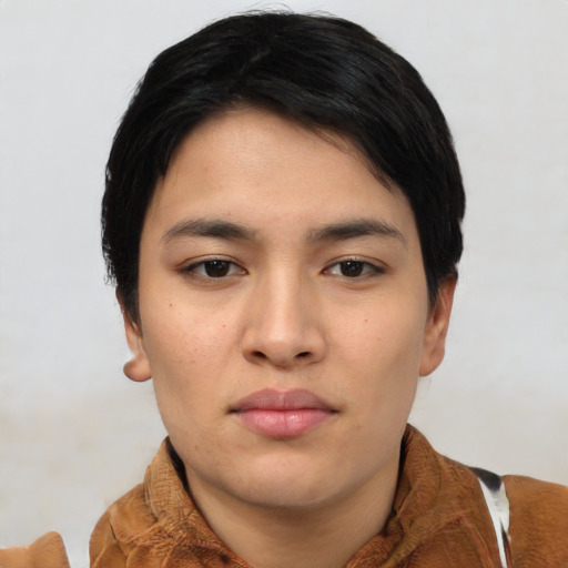 Neutral asian young-adult female with short  black hair and brown eyes