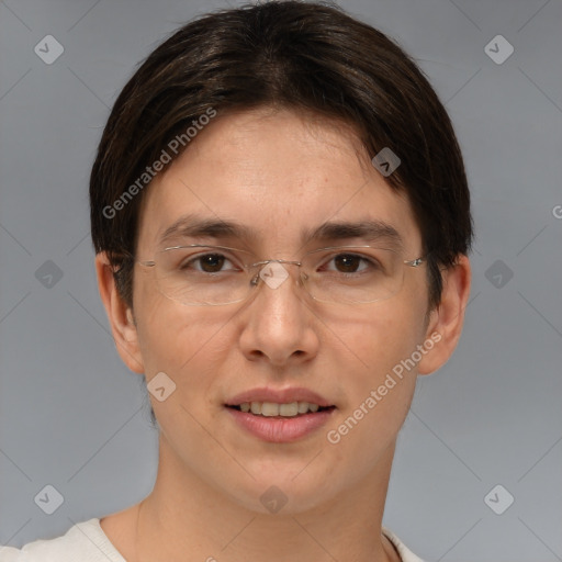 Joyful white adult female with short  brown hair and brown eyes