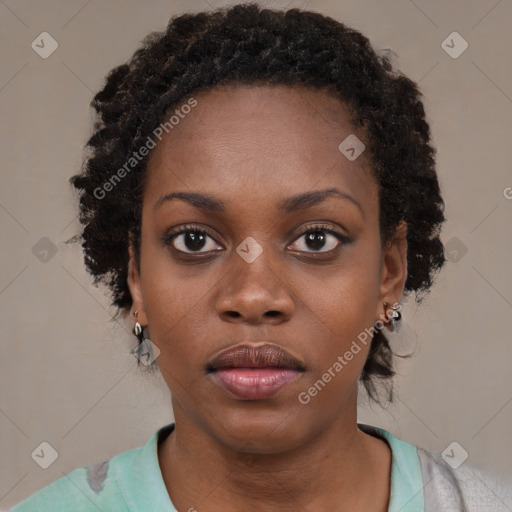 Neutral black young-adult female with short  black hair and brown eyes