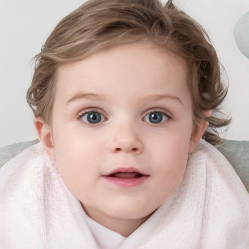 Neutral white child female with medium  brown hair and blue eyes