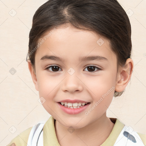 Joyful white child female with medium  brown hair and brown eyes