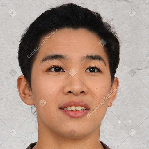 Joyful asian young-adult male with short  black hair and brown eyes