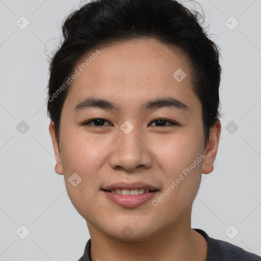 Joyful asian young-adult male with short  brown hair and brown eyes