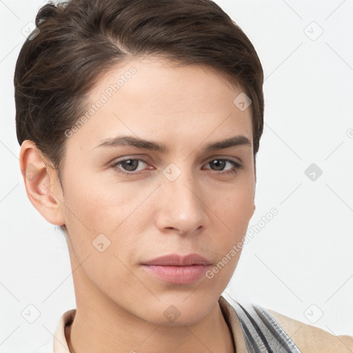 Neutral white young-adult female with short  brown hair and brown eyes