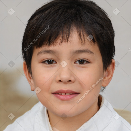 Joyful white child female with short  brown hair and brown eyes