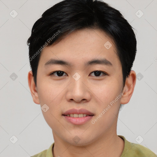 Joyful asian young-adult male with short  black hair and brown eyes