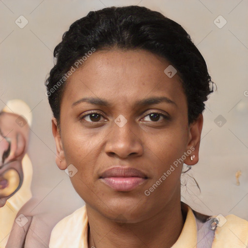 Neutral latino young-adult female with short  black hair and brown eyes