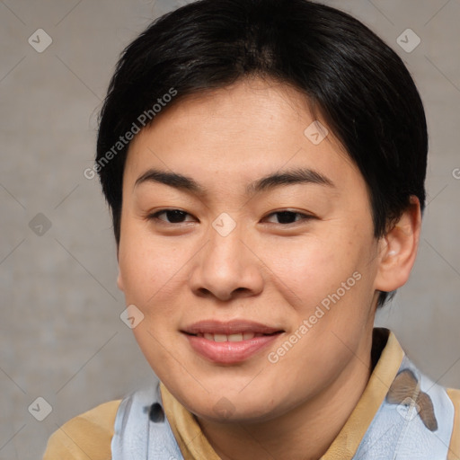 Joyful asian young-adult female with medium  brown hair and brown eyes