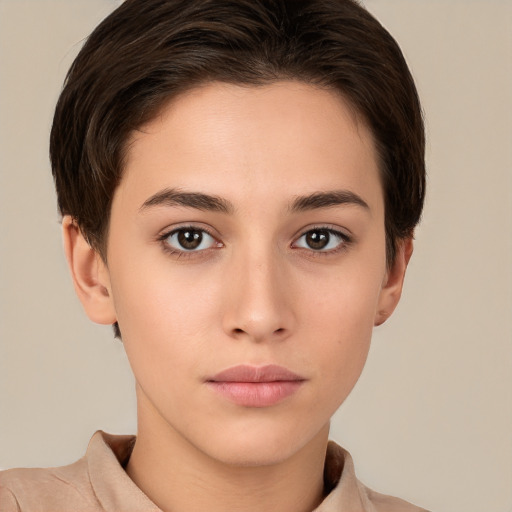 Neutral white young-adult female with short  brown hair and brown eyes