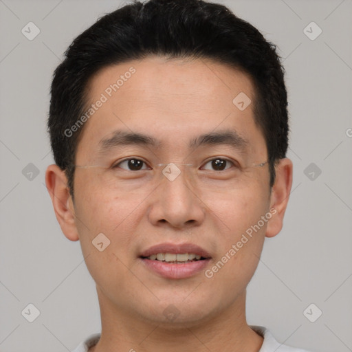 Joyful asian young-adult male with short  brown hair and brown eyes