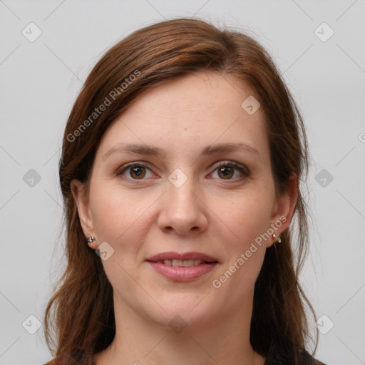 Joyful white young-adult female with long  brown hair and grey eyes