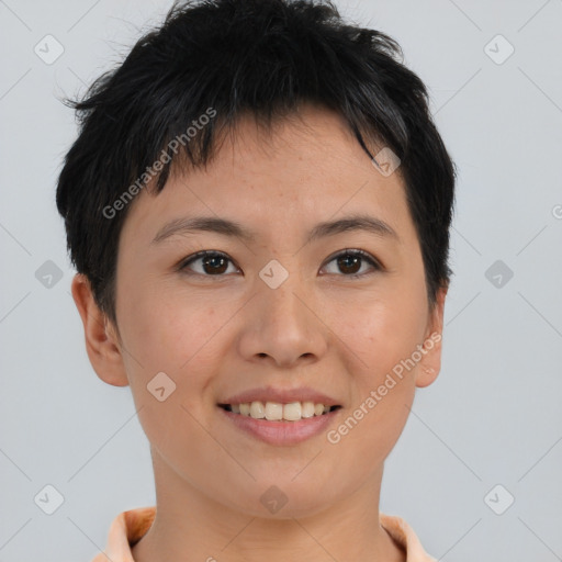 Joyful asian young-adult female with short  brown hair and brown eyes