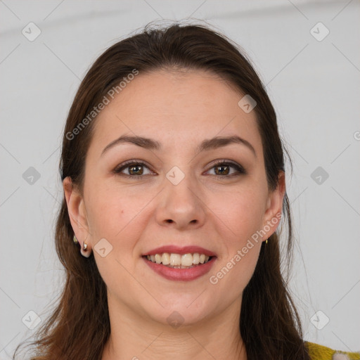 Joyful white young-adult female with long  brown hair and grey eyes