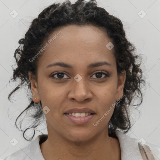 Joyful black young-adult female with medium  black hair and brown eyes