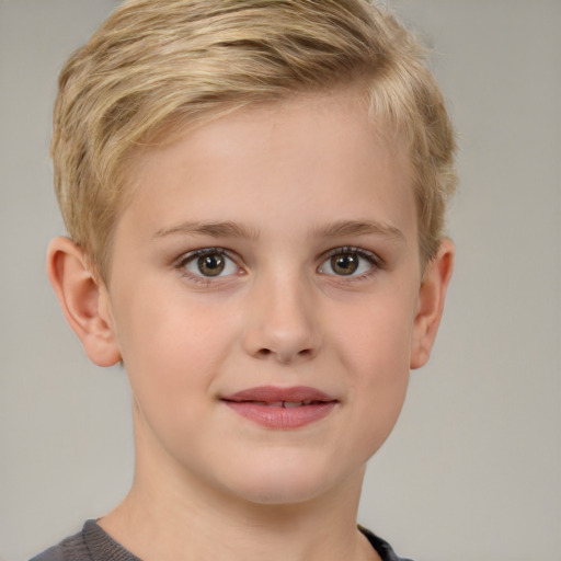 Joyful white child female with short  brown hair and brown eyes