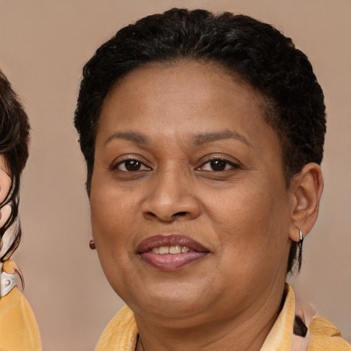 Joyful black adult female with medium  brown hair and brown eyes