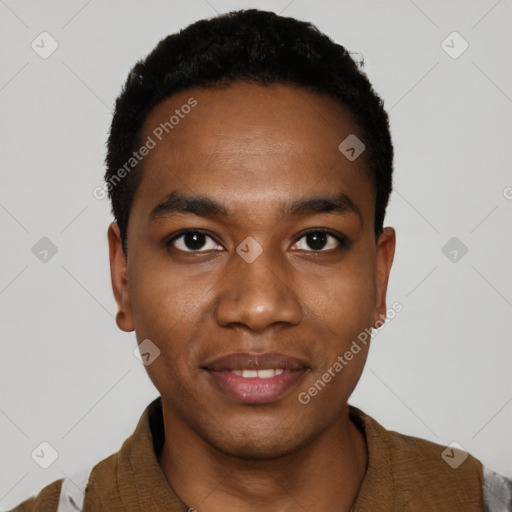Joyful black young-adult male with short  black hair and brown eyes