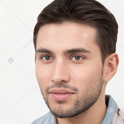 Neutral white young-adult male with short  brown hair and brown eyes