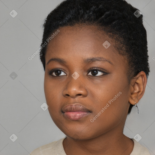 Neutral black young-adult female with short  black hair and brown eyes