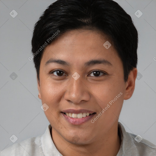 Joyful asian young-adult female with short  black hair and brown eyes