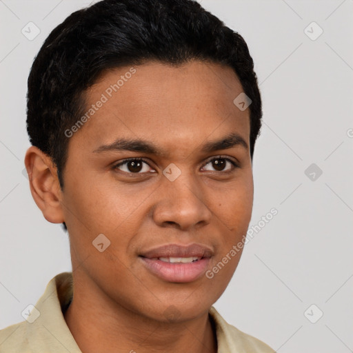 Joyful latino young-adult male with short  brown hair and brown eyes