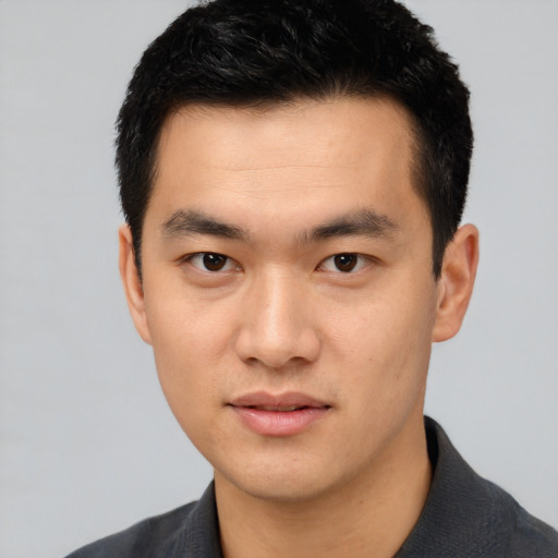 Neutral asian young-adult male with short  black hair and brown eyes