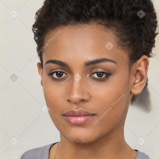 Neutral latino young-adult female with short  brown hair and brown eyes