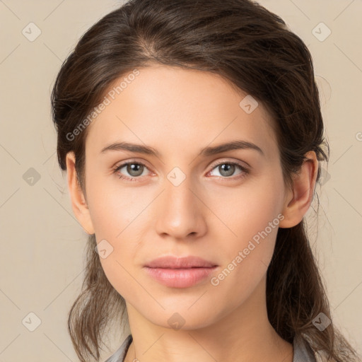 Neutral white young-adult female with medium  brown hair and brown eyes