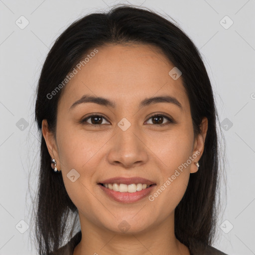 Joyful white young-adult female with long  brown hair and brown eyes