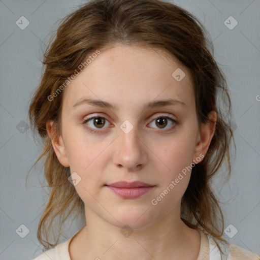 Neutral white young-adult female with medium  brown hair and brown eyes