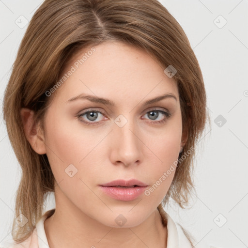 Neutral white young-adult female with medium  brown hair and grey eyes