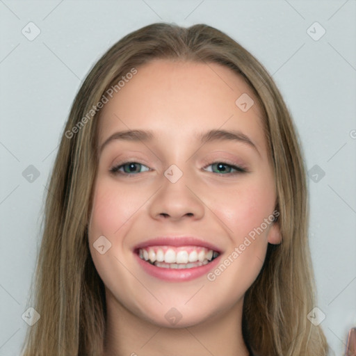 Joyful white young-adult female with long  brown hair and green eyes