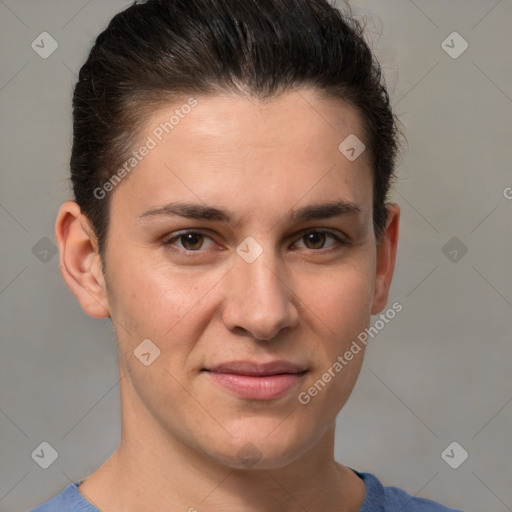 Joyful white young-adult female with short  brown hair and brown eyes