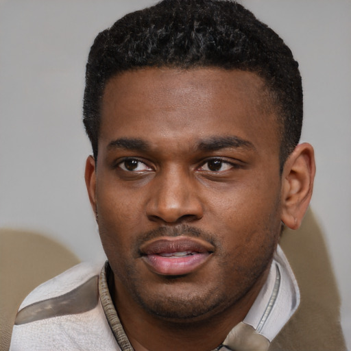 Joyful black young-adult male with short  brown hair and brown eyes
