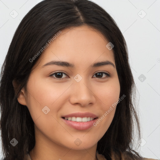 Joyful asian young-adult female with long  brown hair and brown eyes