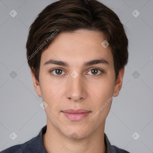 Neutral white young-adult male with short  brown hair and brown eyes