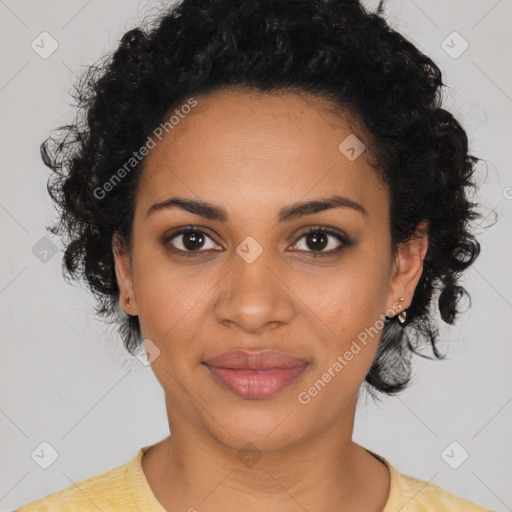 Joyful black young-adult female with medium  black hair and brown eyes