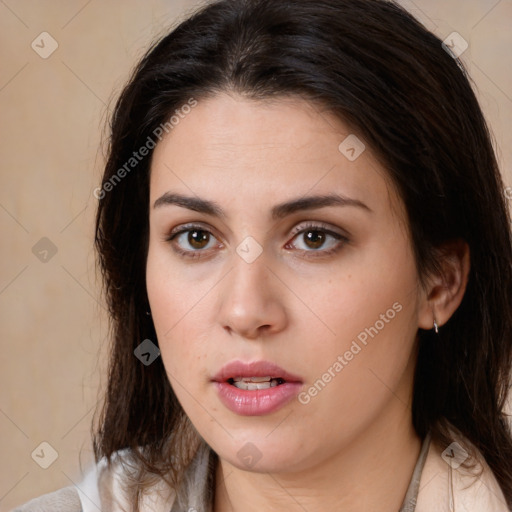 Neutral white young-adult female with medium  brown hair and brown eyes