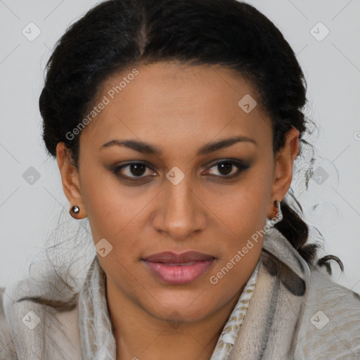 Joyful latino young-adult female with short  brown hair and brown eyes