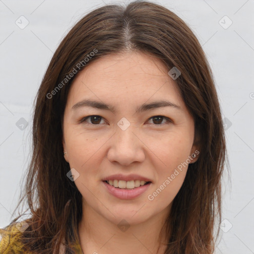 Joyful white young-adult female with long  brown hair and brown eyes