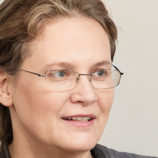 Joyful white adult female with medium  brown hair and blue eyes