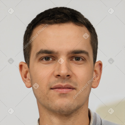 Neutral white young-adult male with short  brown hair and brown eyes