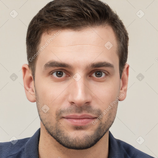 Neutral white young-adult male with short  brown hair and brown eyes