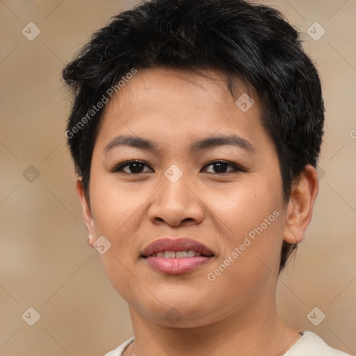 Joyful asian young-adult female with short  brown hair and brown eyes