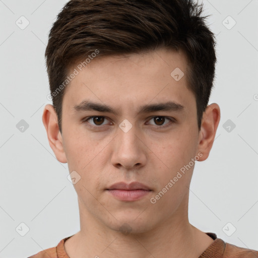 Neutral white young-adult male with short  brown hair and brown eyes