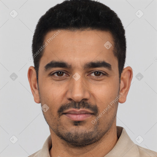 Neutral latino young-adult male with short  black hair and brown eyes