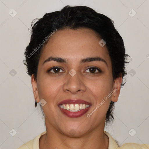 Joyful latino young-adult female with short  brown hair and brown eyes