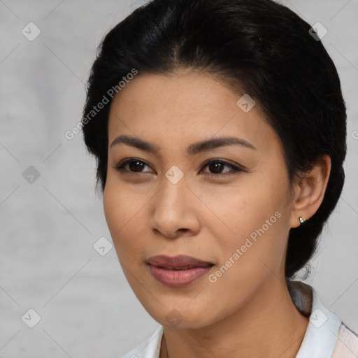 Joyful asian young-adult female with short  brown hair and brown eyes