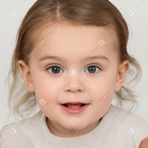 Joyful white child female with medium  brown hair and brown eyes