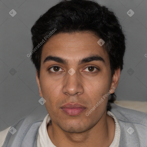 Neutral latino young-adult male with short  black hair and brown eyes